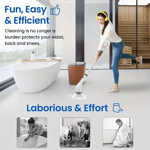 2026 Cordless Electric Spin Scrubber | 8 Brush Heads | 3-Length Extendable Handle | Dual Speed | Waterproof Bathroom & Kitchen Cleaning Brush