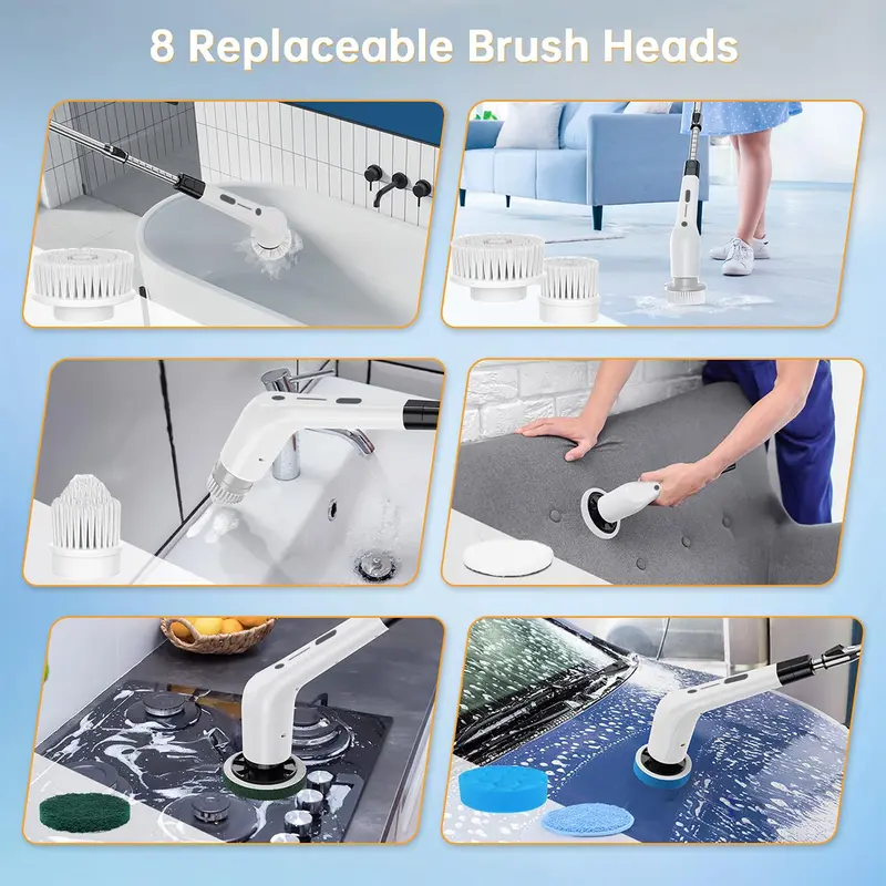 2026 Cordless Electric Spin Scrubber | 8 Brush Heads | 3-Length Extendable Handle | Dual Speed | Waterproof Bathroom & Kitchen Cleaning Brush