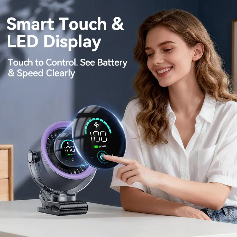Rechargeable Portable Clip-On Fan – 4000mAh Battery, 100-Speed Touch Control, LED Display, Quiet 360° USB Cooling Fan for Home, Office, Travel & Camping